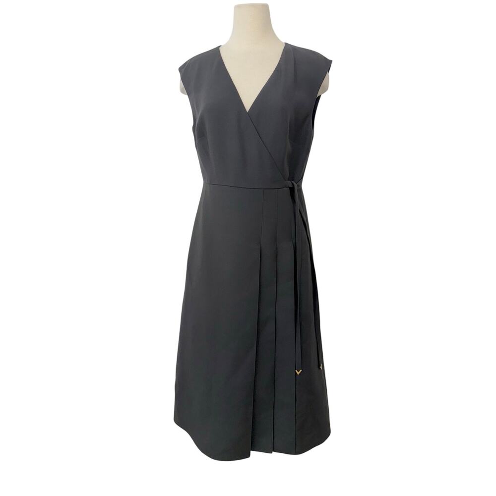 Valentino Wrap Effect Midi Dress Wool and Silk Black 46 (US 10) NWT